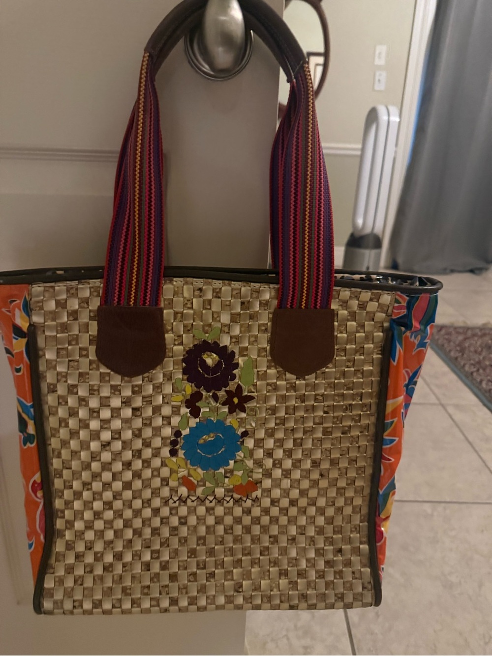 Consuela gold and cork Tote with Multicolor Floral Appliqué and Striped Handles